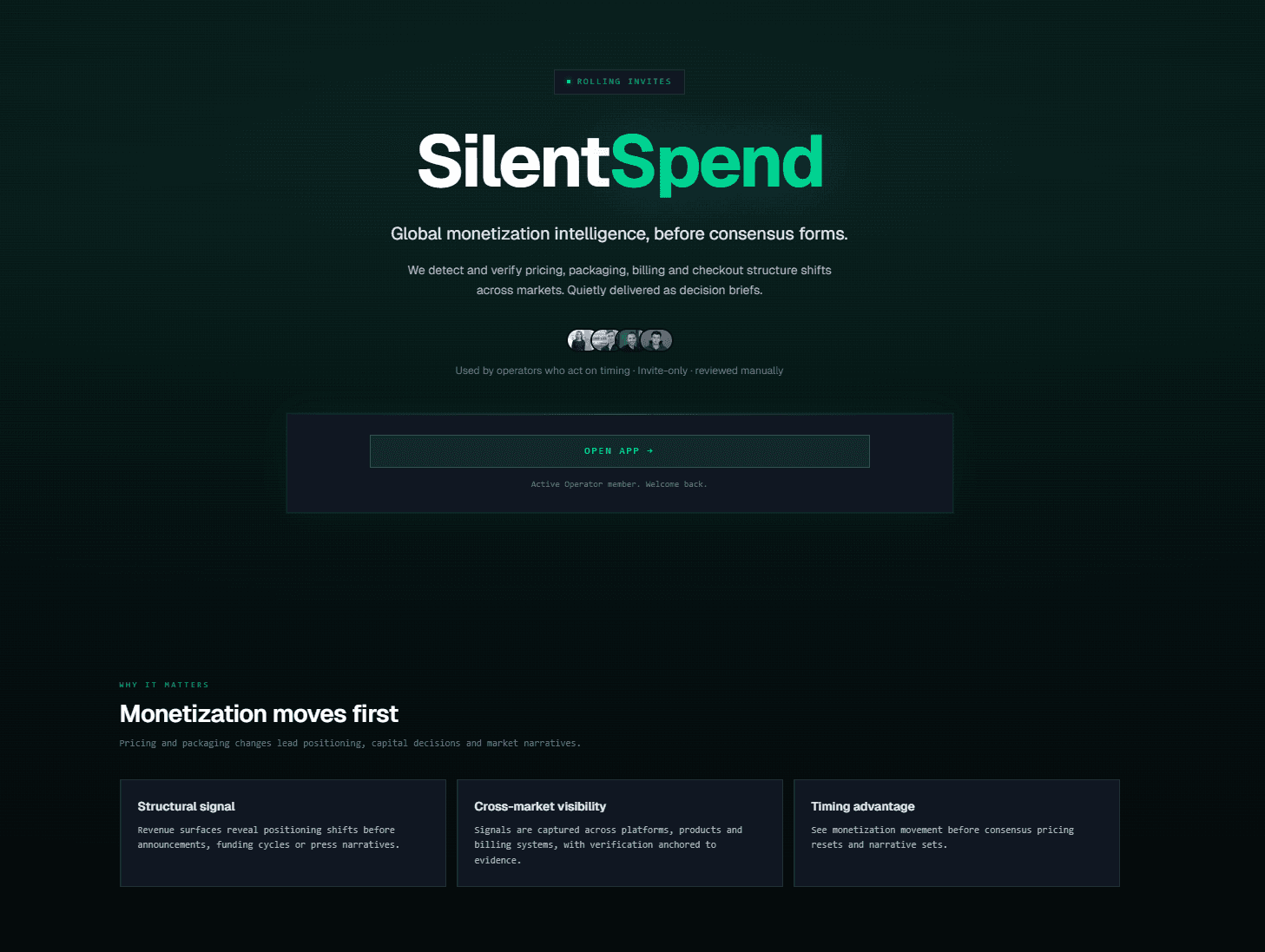 SilentSpend product interface showing monetization intelligence overview